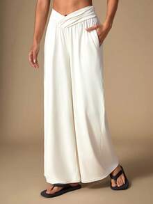 SHEIN Unity Women's Casual Versatile Loose Comfortable Solid Color Wide Leg Pants - Beige - View 4