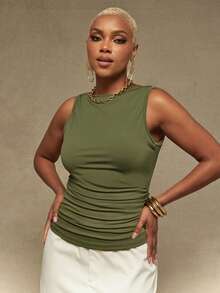Vixey Sculpting Jersey Boat Neck Sleeveless Tank Top, Summer/Spring Daily Casual Top, Work Office, Business Casual, Desk To Dinner, Work To Weekend - Olive Green - View 1