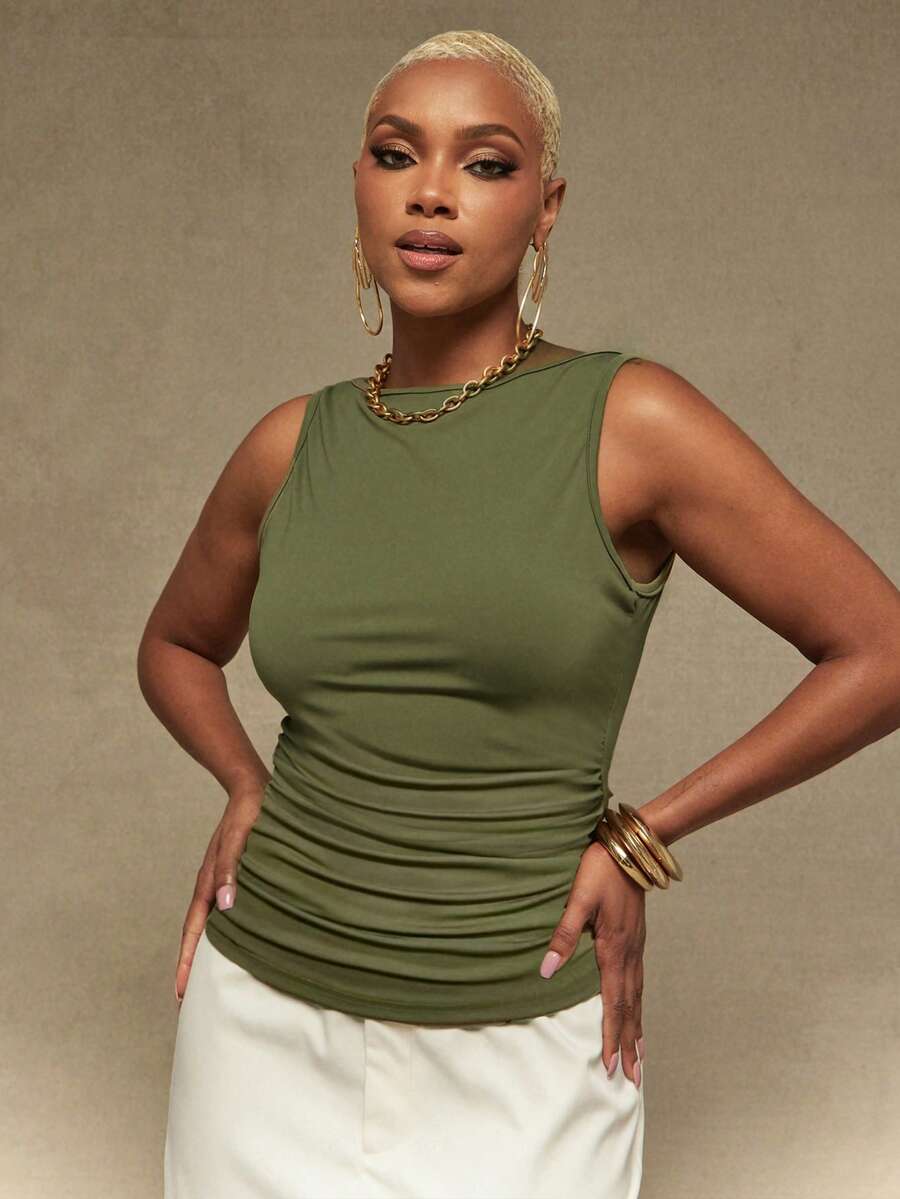 Vixey Sculpting Jersey Boat Neck Sleeveless Tank Top, Summer/Spring Daily Casual Top, Work Office, Business Casual, Desk To Dinner, Work To Weekend - Olive Green - View 1