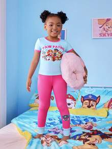 SHEIN | PAW Patrol 2件套主题圆领短袖上衣和裤子睡衣套装，适合年轻女孩 - 藍白色 - 查看 4