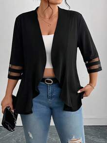 SHEIN Clasi Plus Size Elegant Commuter Mesh Patchwork Ruffle Trim Jacket Fall - Black - View 6