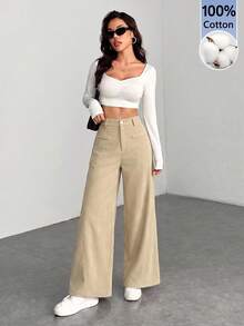 SHEIN PETITE Low Waist Solid Color Wide Leg Pants, Cotton Corduroy, Comfortable For Autumn/Winter - Apricot - View 7
