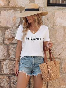 EMERY ROSE Simple Black Letter Print V-Neck Short Sleeve Casual T-Shirt For Women - White - View 3