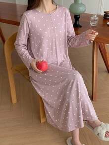 SHEIN Casual Comfortable Polka Dot Print Round Neck Half-Button Long Sleeve Nightgown - Khaki - View 3