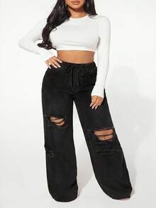 SHEIN SXY Plus Size Casual Washed Distressed Wide Leg Jeans - Black - View 5