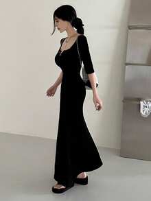 Dazy Tall Women's Square Neck 5-Sleeve Slim Fit Long Base Layer Dress - Black - View 4