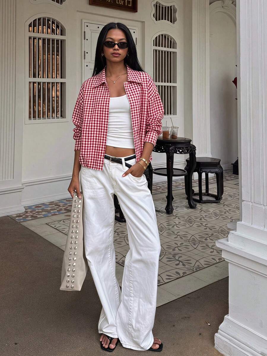 SHEIN BAE جاكيت نسائي كاجوال متعدد الاستخدامات يومي بأكمام طويلة بنقشة مربعات - الأحمر - مشاهدة 1