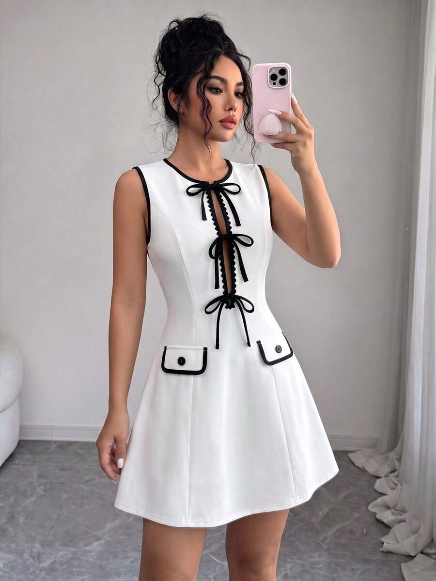Selianne Abito elegante da donna senza maniche con decorazione a fiocco e bordo a boccioli floreali - Bianco e nero - Visualizzare 1