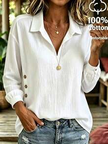 Breezaya Atasan Wanita Ukuran Plus Gaya Liburan Model V-Neck Longgar Lengan Panjang Warna Putih, Desain Detail Kancing, Katun Murni Bertekstur, Kerah Longgar, Cocok untuk Musim Gugur. - Putih - View 1