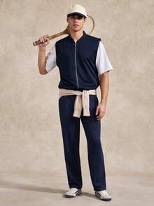 Men's Solid Color Zip-Up Vest And Pants Set - Navy Blue - View 3