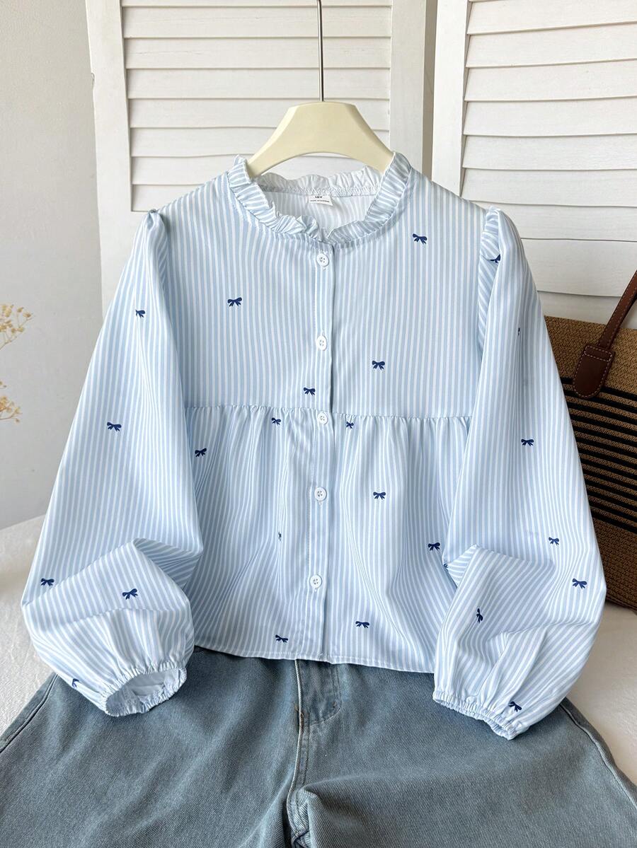 SHEIN 兒童青少年女孩休閒日常舒適寬鬆荷葉領上衣 - 藍色 - 查看 1