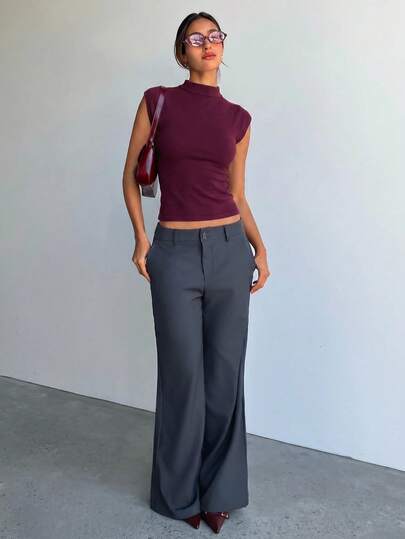 Aloruh Women's Autumn/Winter New Versatile Soft High Neck Cap Sleeve Angora Wine Red Slim Fit Short Sleeve Sweater,Suitable For Office Casual/Daily Use.