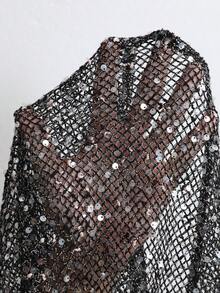 Elegantrix Plus Size Women Spring Summer Sequin Fabric Patchwork Asymmetric Collar Casual Commute Dress - Black - View 8