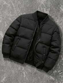 Manfinity Homme Men's Solid Color Long Sleeve Zip-Up Baseball Collar Winter Jacket - Black - View 2