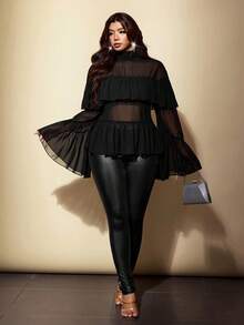 Viva Relle Plus Size Sexy Street Sheer Ruffle Hem Blouse - Black - View 3