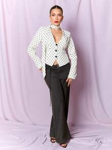 Dania Mndz Shop Women's White With Black Polka Dots Blazer,Elegant Deep V-Neck Slim-Fit Suit Jacket For Autumn Date,Commuter Chic Back To School Teacher Ribbon Coat - White - View 7