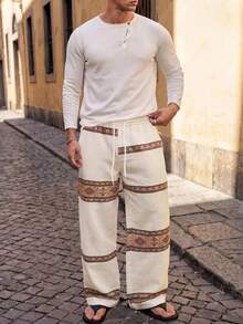 Ocevento Men's Cream Wide-Leg Pants With Colorful Geometric Woven Stripe Bands. Elastic Drawstring Waist In Lightweight Linen-Blend. Relaxed Resort Style For B - Khaki - View 3