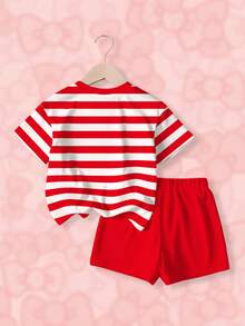 HELLO KITTY AND FRIENDS | SHEIN 女童圆领短袖条纹休闲卡通可爱印花T恤套装，夏季 - 白色 - 查看 2