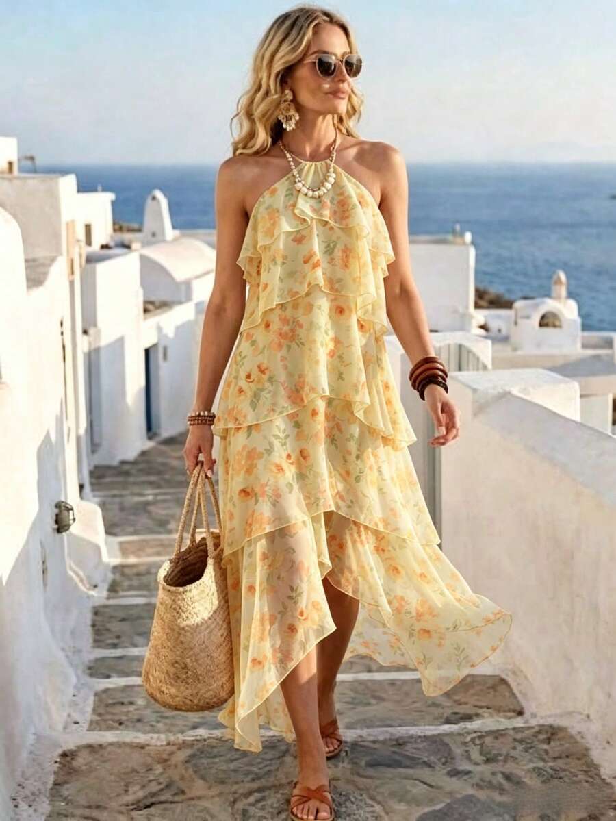 SHEIN Holidaya Vestido de vacaciones con cordones estampado, suelto, sin mangas, tirantes finos, camisola floral, playa, naranja, verano, tropical, bohemio - amarillo ganso - Ver 1