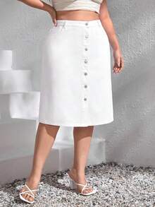 Breezaya Plus Size White Denim Skirt With Front Buttons - White - View 4