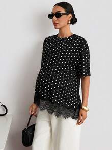 MaterniWear Maternity Polka Dot Print Lace Patchwork Asymmetrical Hem T-Shirt - Black - View 3