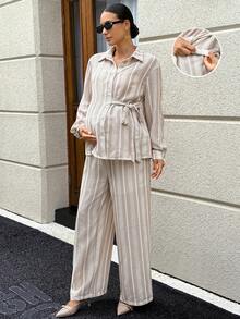 MaterniWear 孕婦休閒通勤條紋襯衫與長褲兩件套 秋季 - 彩色 - 查看 1