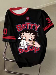 Betty Boop x SHEIN 大尺碼女款黑紅配色拼接卡通圖案字母印花百搭T恤 - 白色 - 查看 1