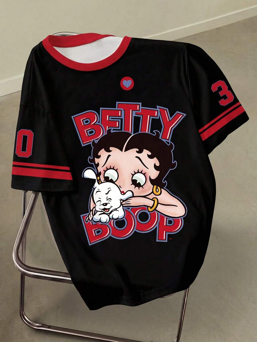 Betty Boop x SHEIN 大尺碼女款黑紅配色拼接卡通圖案字母印花百搭T恤 - 白色 - 查看 1