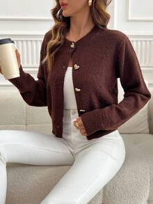 SHEIN Clasi Casual Solid Color Short Hollow-Out Knit Cardigan In Fall/Winter - Brown - View 3