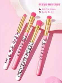 HELLO KITTY AND FRIENDS | SHEIN 卡通貓咪印花眼影刷組 4件組，可愛粉色手柄眼妝刷，適用於陰影、暈染與細節眼妝化妝塗抹 - 淺粉色 - 查看 2