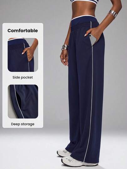 Innovista Innovista Women's Active Wide Leg Pants Elastic Waist Side Stripe Pocket Loose Fit Soft Stretch Athleisure Casual Workout Travel Elastic Waist Pocket Wide