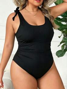 SHEIN CURVE+ Plus Size Women's Solid Color Textured Fabric Thick Strap One-Piece Swimsuit Beach Summer Eleganza - Black - View 5