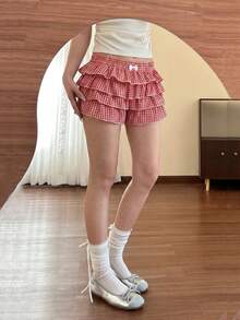 SHEIN MOD 大码休闲低腰格子紧身荷叶边女式超短裤返校服装女式蓝白平角短裤简约日常 - 紅白色 - 查看 3