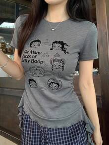 DAZY 女款夏季休閒卡通印花T恤圖案上衣可愛上衣 - 灰色 - 查看 2