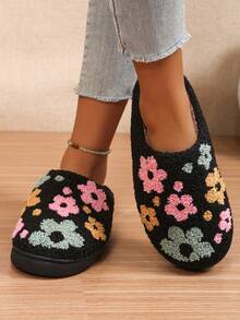 Fashionable, Cute Flower Pattern, Soft And Comfortable Home Slippers, Warm Slippers, Winter Women's Shoes - Black - View 6