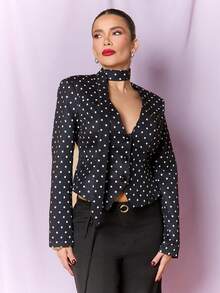 Dania Mndz Shop Women's Elegant Polka Dot Print Blazer Jacket, Suitable For Commuting Black Fall - Black - View 1