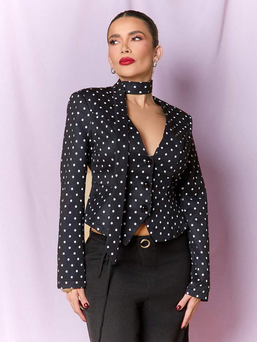 Dania Mndz Shop Women's Elegant Polka Dot Print Blazer Jacket, Suitable For Commuting Black Fall - Black - View 1