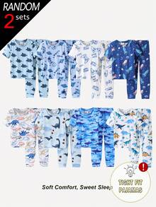 [8 Set, Dikirim 2 Set Secara Acak] Pakaian Rumah Anak Laki-Laki dan Remaja, Set Piyama Rajut Lengan Pendek dan Celana Panjang Motif Kartun Lucu, Pas dan Nyaman - MultiWarna - View 1