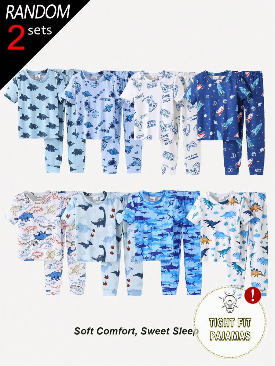 [8 Set, Dikirim 2 Set Secara Acak] Pakaian Rumah Anak Laki-Laki dan Remaja, Set Piyama Rajut Lengan Pendek dan Celana Panjang Motif Kartun Lucu, Pas dan Nyaman - MultiWarna - View 1