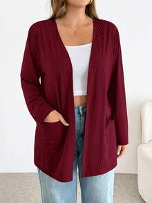 SHEIN Essnce 大尺碼女款純色長袖開襟休閒夾克 - 酒紅色 - 查看 6