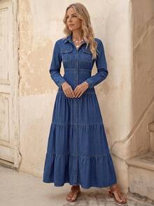 EMERY ROSE EMERY ROSE Women's Denim Multi-Layer Shirt Dress, Fall Women Clothes - Medium Wash - View 4