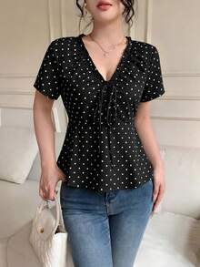 Celisse French Polka Dot V-Neck Cinched Waist Blouse With Ruffle Hem And Drawstring Short Sleeve Shirt, Sexy Style, Slimming, Youthful, Elegant - Black - View 4