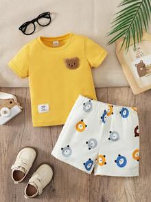 SHEIN Playful Pals 2件組 嬰幼兒男童卡通熊裝飾羅紋上衣 & 熊圖案短褲套裝 夏季休閒可愛海灘淡黃色男嬰服裝套裝 - 彩色 - 查看 7