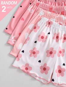 SHEIN 4件組少女可愛蝴蝶結與愛心印花短袖短褲針織睡衣家居服套裝 - 彩色 - 查看 7