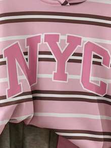 女童圓領粉色與棕色拼接字母NYC休閒日常返校抓絨內裡運動衫，適合春秋冬季的多功能校園風 - 彩色 - 查看 4