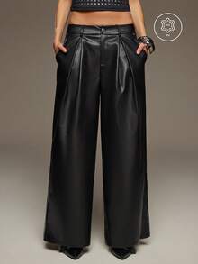 BAD SUNDAY Women's Autumn/Winter Wide Leg PU Low Waist Long Pants, Sexy Grunge Casual Y2K Versatile Outing Halloween Going Out Night Black - Black - View 1