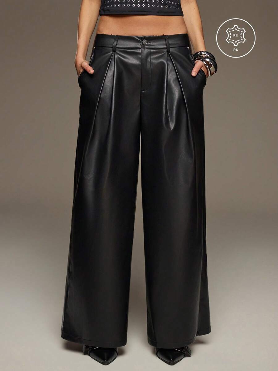 BAD SUNDAY Women's Autumn/Winter Wide Leg PU Low Waist Long Pants, Sexy Grunge Casual Y2K Versatile Outing Halloween Going Out Night Black - Black - View 1
