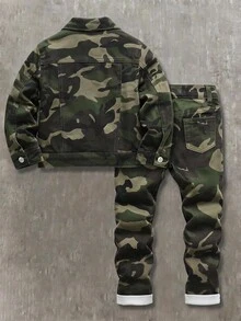 SHEIN 男童迷彩牛仔翻領長袖夾克與彈性修身長褲兩件套 - 彩色 - 查看 2