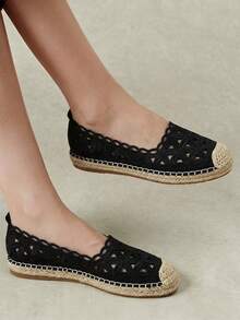 Styleloop Ladies Black Summer Handmade Embroidered Thread Floral Hollow Hemp Rope Espadrilles Flats, Bohemian Style, Casual Vacation, Comfortable Commuter Fall Shoes - Black - View 2