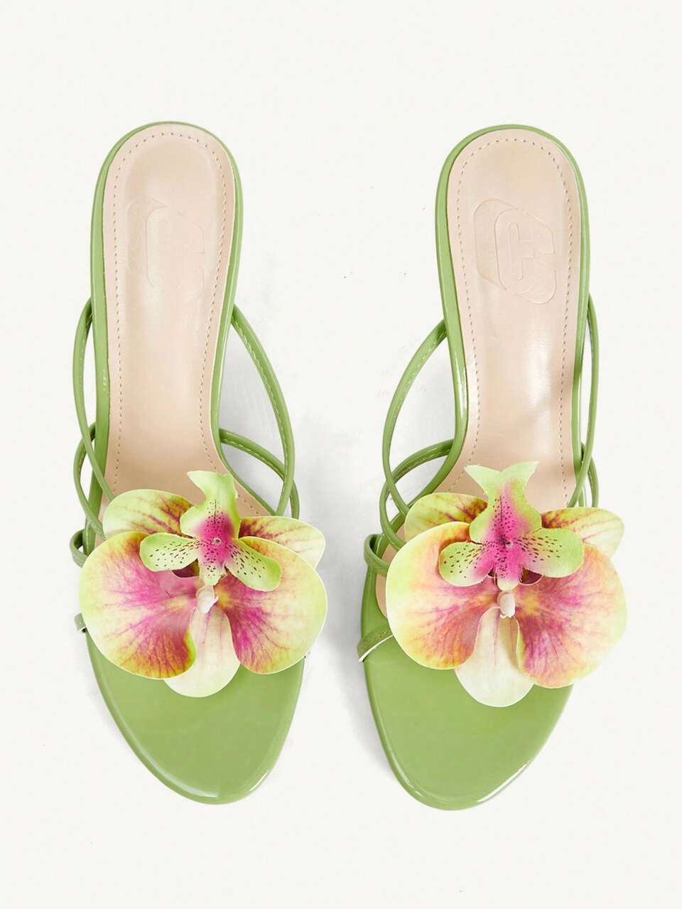 CUCCOO CHICEST Women's Shoes Spring And Summer New Round Toe Green Patent Leather Gentle Style Elegant Phalaenopsis Decorative Sandals Stiletto With Sandals